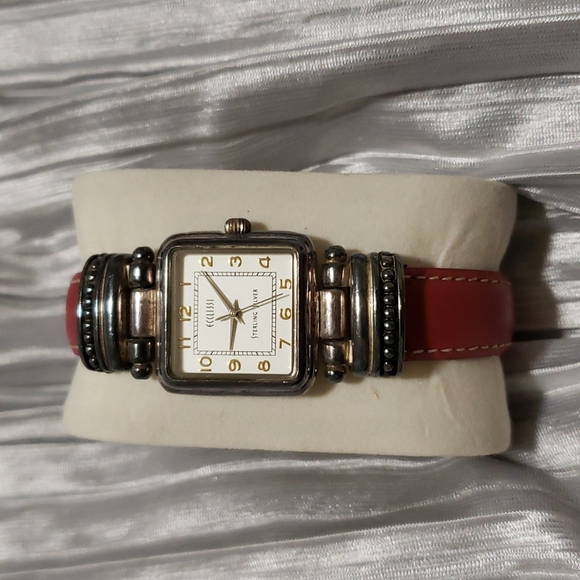 Ecclissi Accessories - Ecclissi Women's Sterling 925 Silver Square Watch with Red Leather Strap